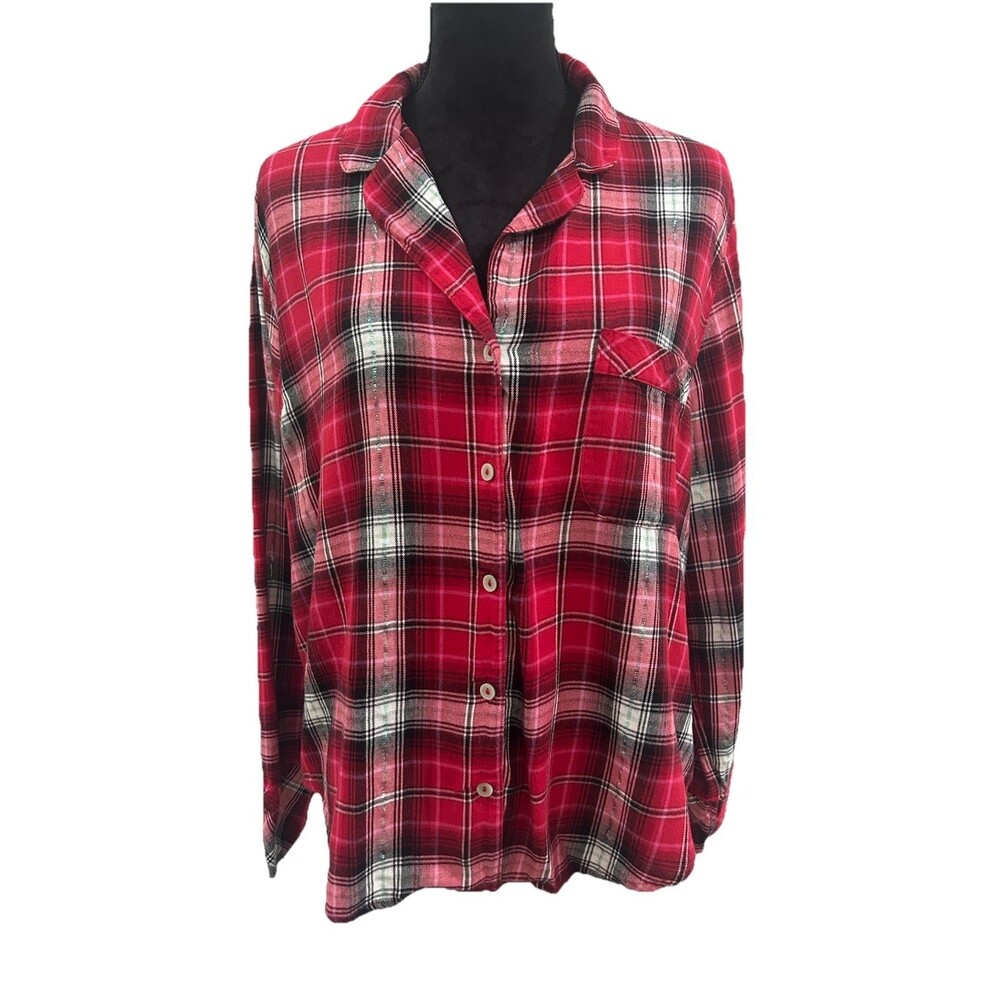 Victoria Secret Sleepshirt Womens Large Red Plaid Button Up Collared